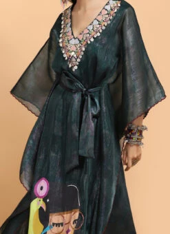 Bottle Green Handpainted Kaftan Set Party Wear