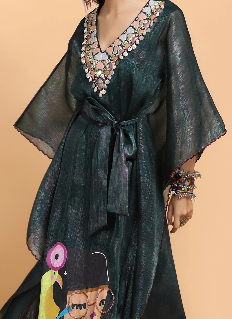 Bottle Green Handpainted Kaftan Set Party Wear 1 Bottle Green Handpainted Kaftan Set Party Wear