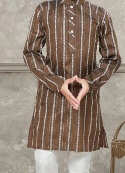 Coffee Blended Cotton Kids Boys Kurta Pyjama Party Wear