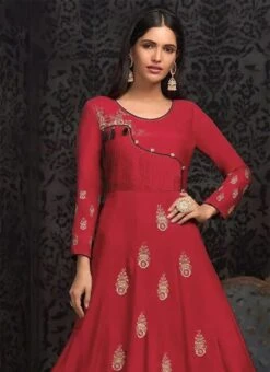 Coral Red Embroidered Anarkali Gown Party Wear -C Bazaar Shop Coral Red Embroidered Anarkali Gown BGWSLI1603 b