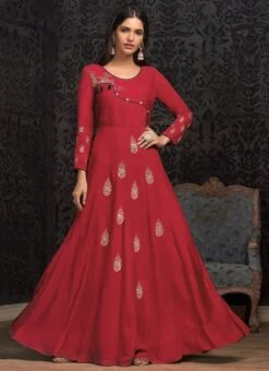 Coral Red Embroidered Anarkali Gown Party Wear -C Bazaar Shop Coral Red Embroidered Anarkali Gown BGWSLI1603 u