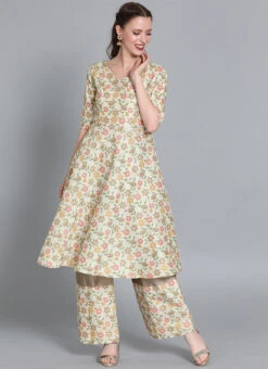 Cream Embroidered Kurta N Wide Leg Pant Festive Wear -C Bazaar Shop Cream Embroidered Kurta N Wide Leg Pant KSBS01911761 u