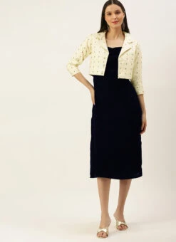 Cream Jacquard Jacket N Velvet Dress After Six Wear -C Bazaar Shop Cream Jacquard Jacket N Velvet Dress DRBS02205848 u