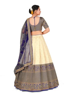 Cream N Navy Blue Banarasi Silk Zari Work Umbrella Lehenga Choli Festive Wear -C Bazaar Shop Cream N Navy Blue Banarasi Silk Zari Work Umbrella Lehenga Choli GHSHSS16109TNB b