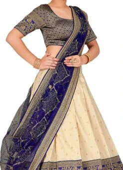 Cream N Navy Blue Banarasi Silk Zari Work Umbrella Lehenga Choli Festive Wear