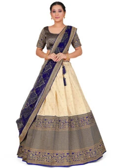Cream N Navy Blue Banarasi Silk Zari Work Umbrella Lehenga Choli Festive Wear -C Bazaar Shop Cream N Navy Blue Banarasi Silk Zari Work Umbrella Lehenga Choli GHSHSS16109TNB u