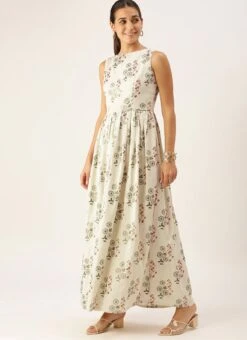 Cream Silk Cotton Ankle Length Dress After Six Wear -C Bazaar Shop Cream Silk Cotton Ankle Length Dress DRBS02108680 u