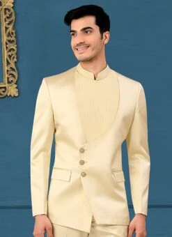 Cream Terry Rayon Satin Bandhgala Jacket -C Bazaar Shop Cream Terry Rayon Satin Bandhgala Jacket JMKMDC3716NB b