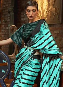 Crepe Satin Aqua Green Color Printed Work Saree Party Wear -C Bazaar Shop Crepe Satin Aqua Green Color Printed Work Saree SASLI193824602 b