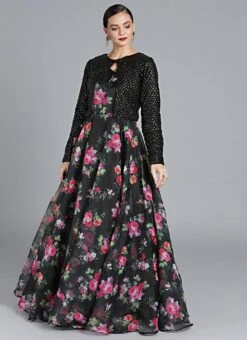 Black Digital Printed Gown With Jacket Party Wear -C Bazaar Shop Custom Made Black Digital Printed Gown with Jacket IWBS1809086 u