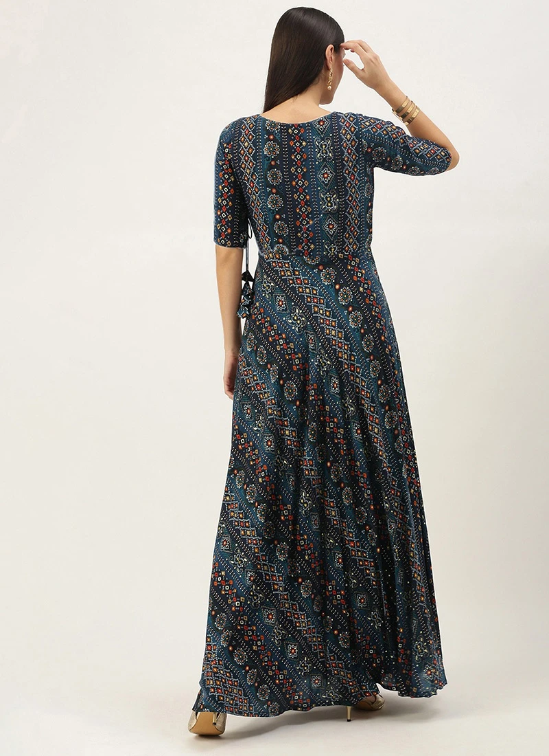 Dark Blue Printed Angarkha Gown Festive Wear 4 Dark Blue Printed Angarkha Gown Festive Wear - Image 4