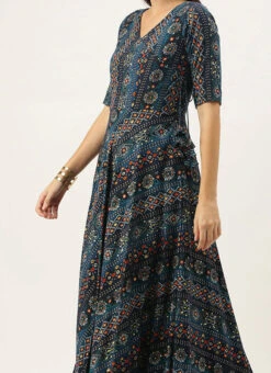 Dark Blue Printed Angarkha Gown Festive Wear