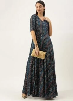Dark Blue Printed Angarkha Gown Festive Wear 10 Dark Blue Printed Angarkha Gown Festive Wear -C Bazaar Shop Dark Blue Printed Angarkha Gown IWBS02110833 u