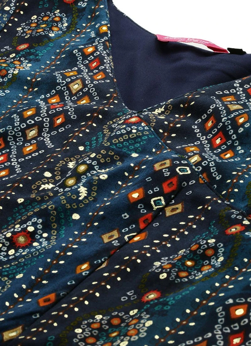 Dark Blue Printed Angarkha Gown Festive Wear 5 Dark Blue Printed Angarkha Gown Festive Wear - Image 5