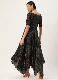 Dark Blue Printed Handkerchief Style Dress Festive Wear -C Bazaar Shop Dark Blue Printed Handkerchief Style Dress DRBS02110944 b
