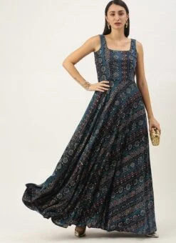 Dark Blue Printed Strap Neck Dress After Six Wear -C Bazaar Shop Dark Blue Printed Strap Neck Dress DRBS02109708 u