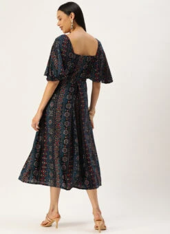 Dark Blue Printed Viscose Dress After Six Wear 9 Dark Blue Printed Viscose Dress After Six Wear -C Bazaar Shop Dark Blue Printed Viscose Dress DRBS02110828 b
