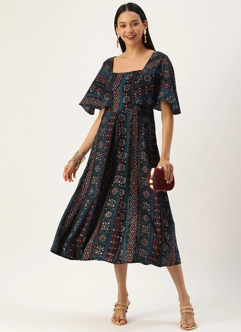 Dark Blue Printed Viscose Dress After Six Wear 3 Dark Blue Printed Viscose Dress After Six Wear - Image 3