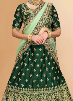 Dark Green Satin Embroidered A Line Lehenga Party Wear