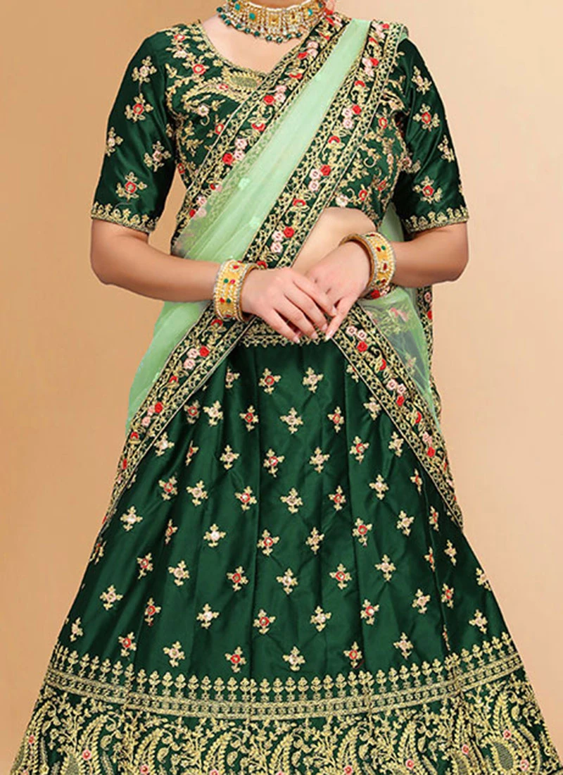 Dark Green Satin Embroidered A Line Lehenga Party Wear 1 Dark Green Satin Embroidered A Line Lehenga Party Wear