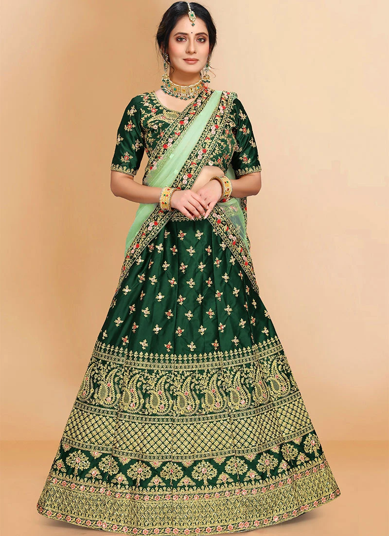 Dark Green Satin Embroidered A Line Lehenga Party Wear 3 Dark Green Satin Embroidered A Line Lehenga Party Wear - Image 3