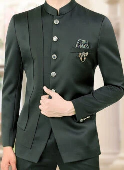 Dark Green Terry Rayon Satin Bandhgala Jacket