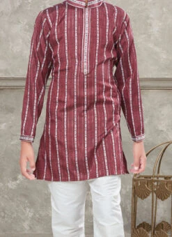 Dark Maroon Blended Cotton Kids Boys Kurta Pyjama Party Wear