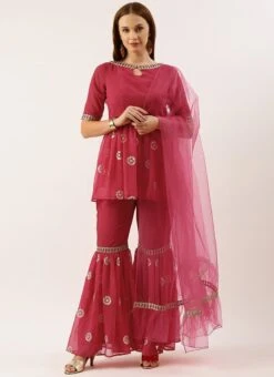 Dupatta From Dark Pink Georgette Embroidered Gharara Suit Set After Six Wear -C Bazaar Shop Dark Pink Georgette Embroidered Gharara Suit Set SLBS02212480 u 1