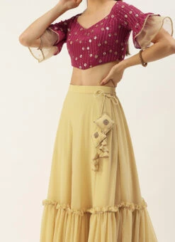 Dark Pink Sequins Embroidered N Beige Georgette Lehenga Festive Wear