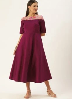 Dark Purple Boat Neck Embroidered Dress Wedding Wear -C Bazaar Shop Dark Purple Boat Neck Embroidered Dress DRBS02106430 u