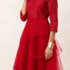 Dark Red Georgette Embroidered Layered Gown Party Wear