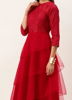 Dark Red Georgette Embroidered Layered Gown Party Wear