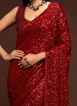 Dark Red Georgette Sequins Saree Party Wear