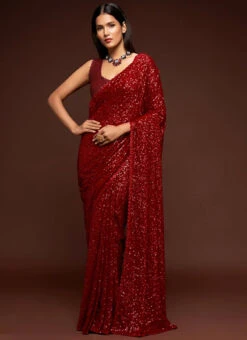 Dark Red Georgette Sequins Saree Party Wear -C Bazaar Shop Dark Red Georgette Sequins Saree SAMKNS6451010 u