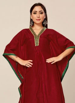 Wine Dola Silk Embroidered Kaftan Work Wear 7 Wine Dola Silk Embroidered Kaftan Work Wear -C Bazaar Shop Deep Pink Dola Silk Embroidered Kaftan KRSAKF1105 b