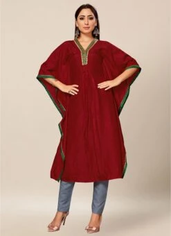 Wine Dola Silk Embroidered Kaftan Work Wear 6 Wine Dola Silk Embroidered Kaftan Work Wear -C Bazaar Shop Deep Pink Dola Silk Embroidered Kaftan KRSAKF1105 u