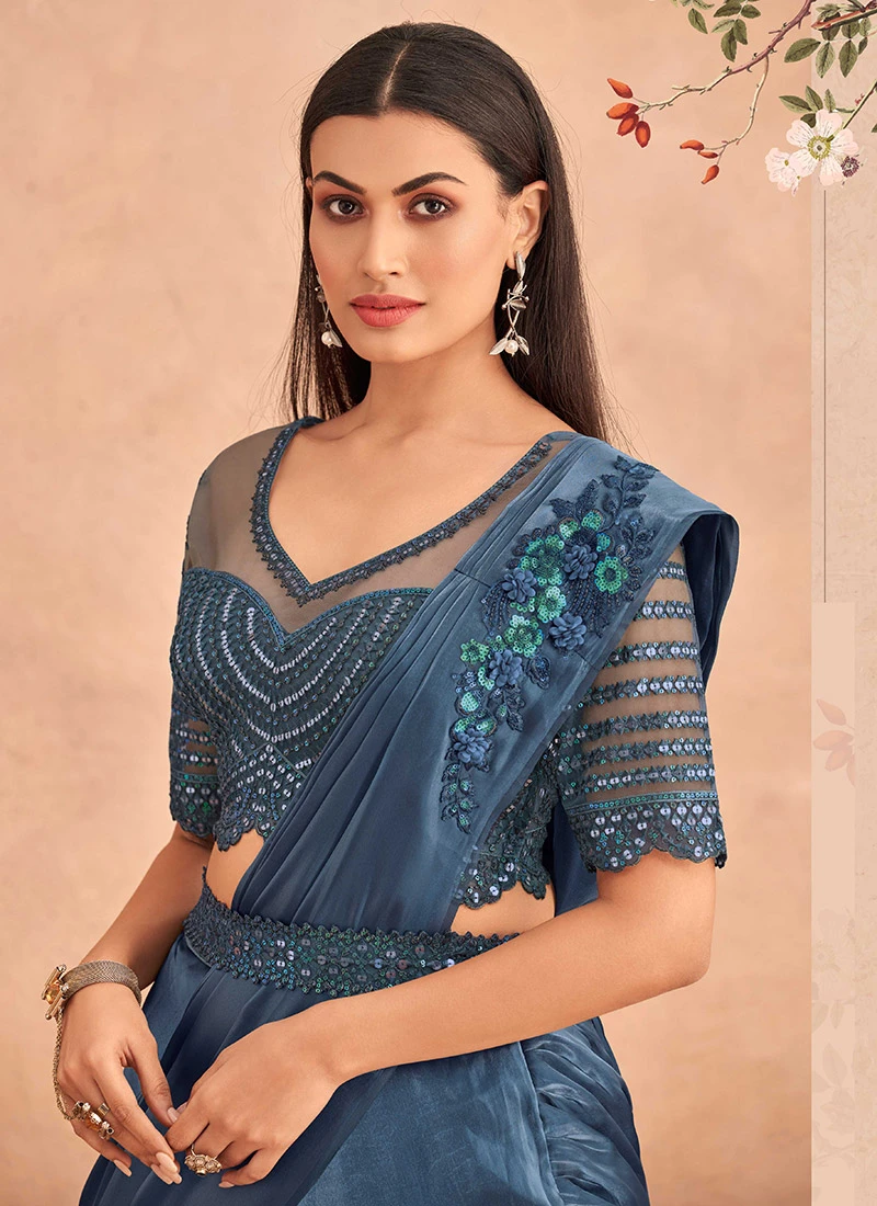 Dusty Blue Chinon Silk Ready Pleated Saree Party Wear 4 Dusty Blue Chinon Silk Ready Pleated Saree Party Wear - Image 4