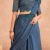 Dusty Blue Chinon Silk Ready Pleated Saree Party Wear