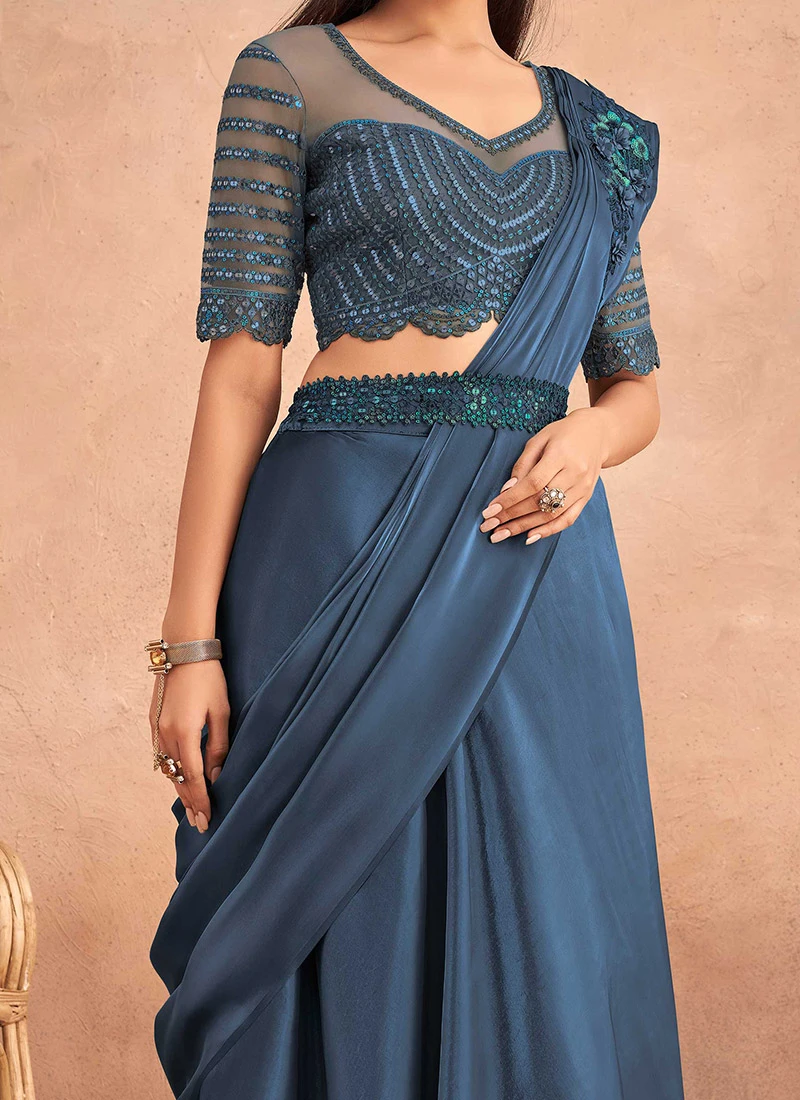 Dusty Blue Chinon Silk Ready Pleated Saree Party Wear 1 Dusty Blue Chinon Silk Ready Pleated Saree Party Wear