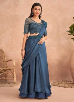 Dusty Blue Chinon Silk Ready Pleated Saree Party Wear 6 Dusty Blue Chinon Silk Ready Pleated Saree Party Wear -C Bazaar Shop Dusty Blue Chinon Silk Ready Pleated Saree SASKA36357301B u
