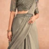 Dusty Green Chinon Silk Ready Pleated Saree Party Wear