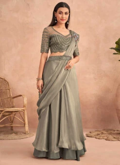 Dusty Green Chinon Silk Ready Pleated Saree Party Wear -C Bazaar Shop Dusty Green Chinon Silk Ready Pleated Saree SASKA36357301A u