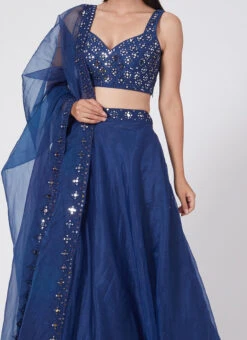 Electric Blue Organza Embroidered Umbrella Lehenga Party Wear