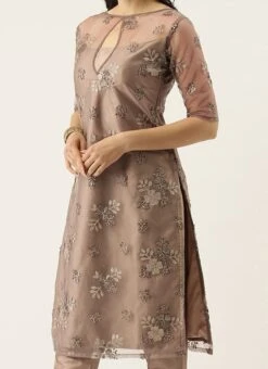 Embroidered Grey Boat Neck Kurti Festive Wear