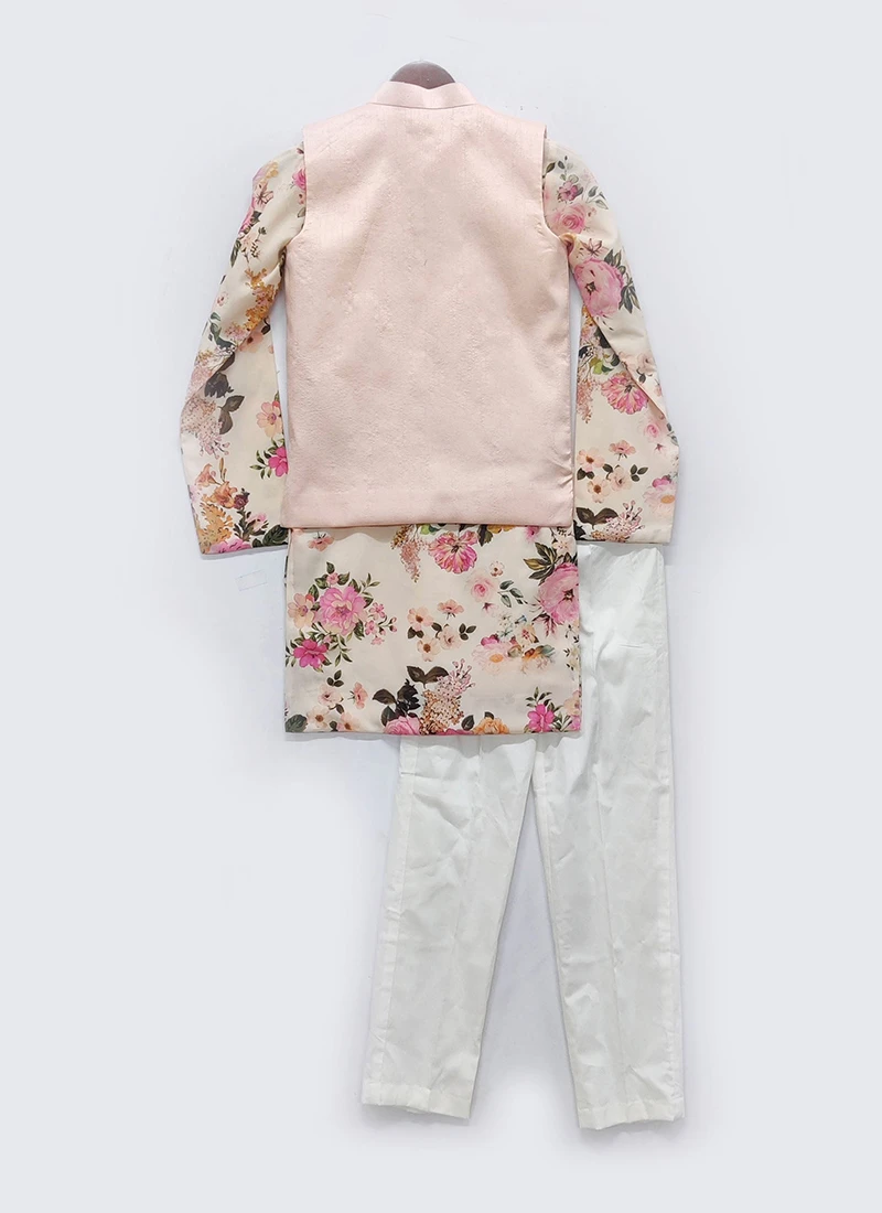 Floral Print Kurta With Peach Jacket And Pant 3 Floral Print Kurta With Peach Jacket And Pant - Image 3