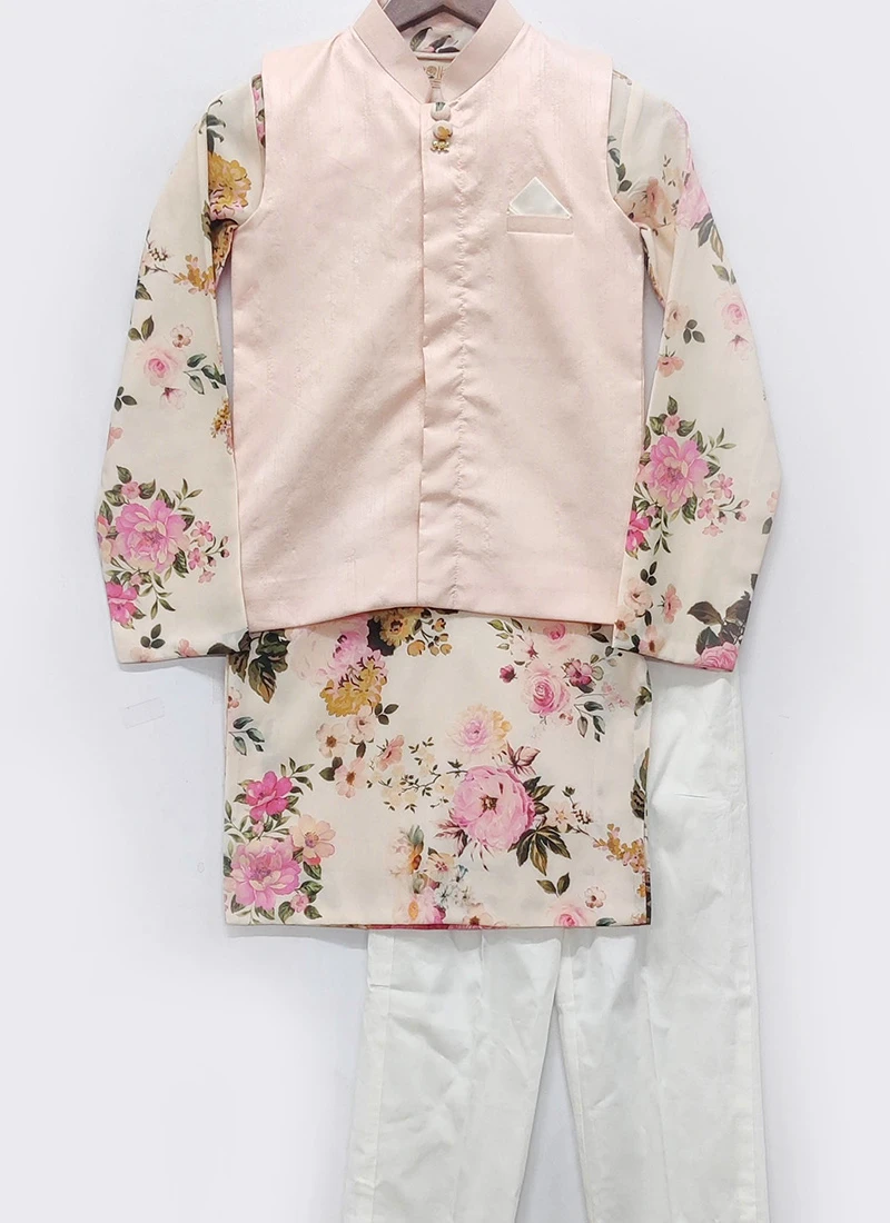 Floral Print Kurta With Peach Jacket And Pant 1 Floral Print Kurta With Peach Jacket And Pant
