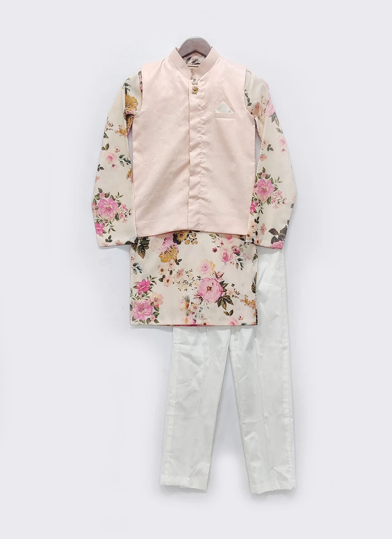 Floral Print Kurta With Peach Jacket And Pant 2 Floral Print Kurta With Peach Jacket And Pant - Image 2