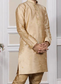 Golden Art Silk Embroidered Kurta Pyjama Party Wear