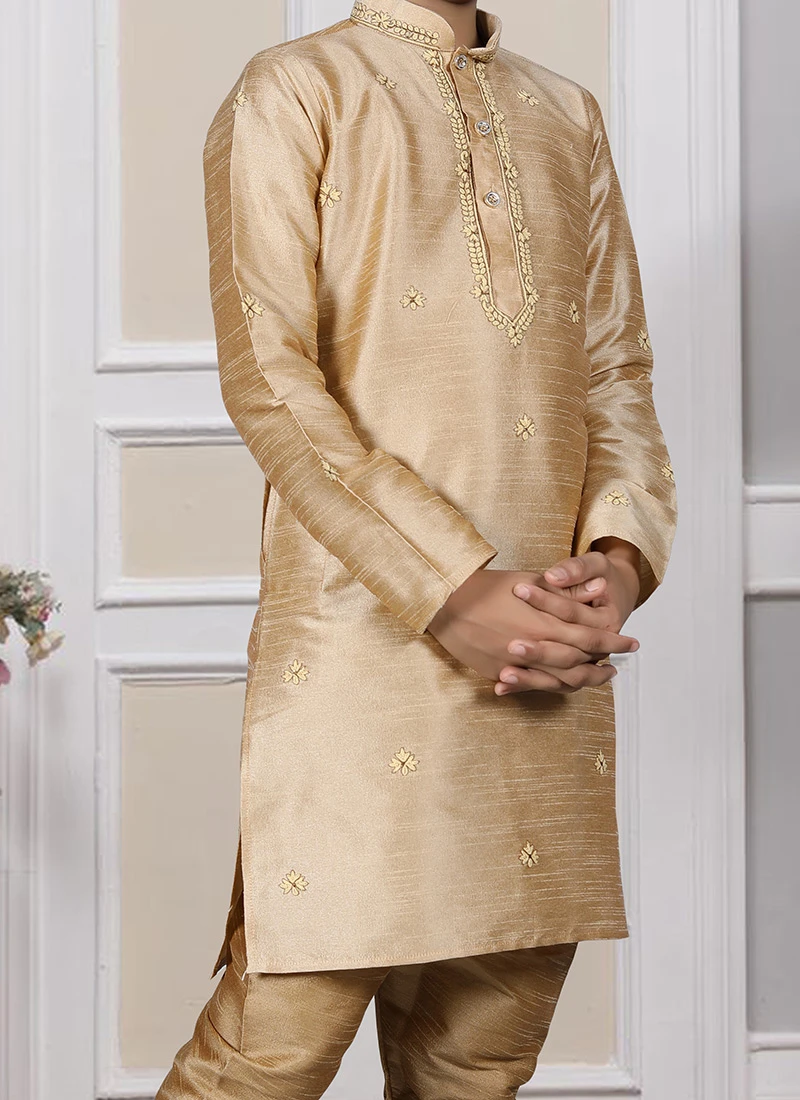 Golden Art Silk Embroidered Kurta Pyjama Party Wear 1 Golden Art Silk Embroidered Kurta Pyjama Party Wear