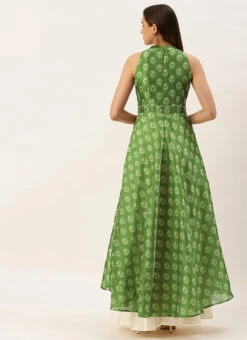 Green Art Silk Digital Printed Halter Neck Dress Festive Wear -C Bazaar Shop Green Art Silk Digital Printed Halter Neck Dress DRBS02210996 b